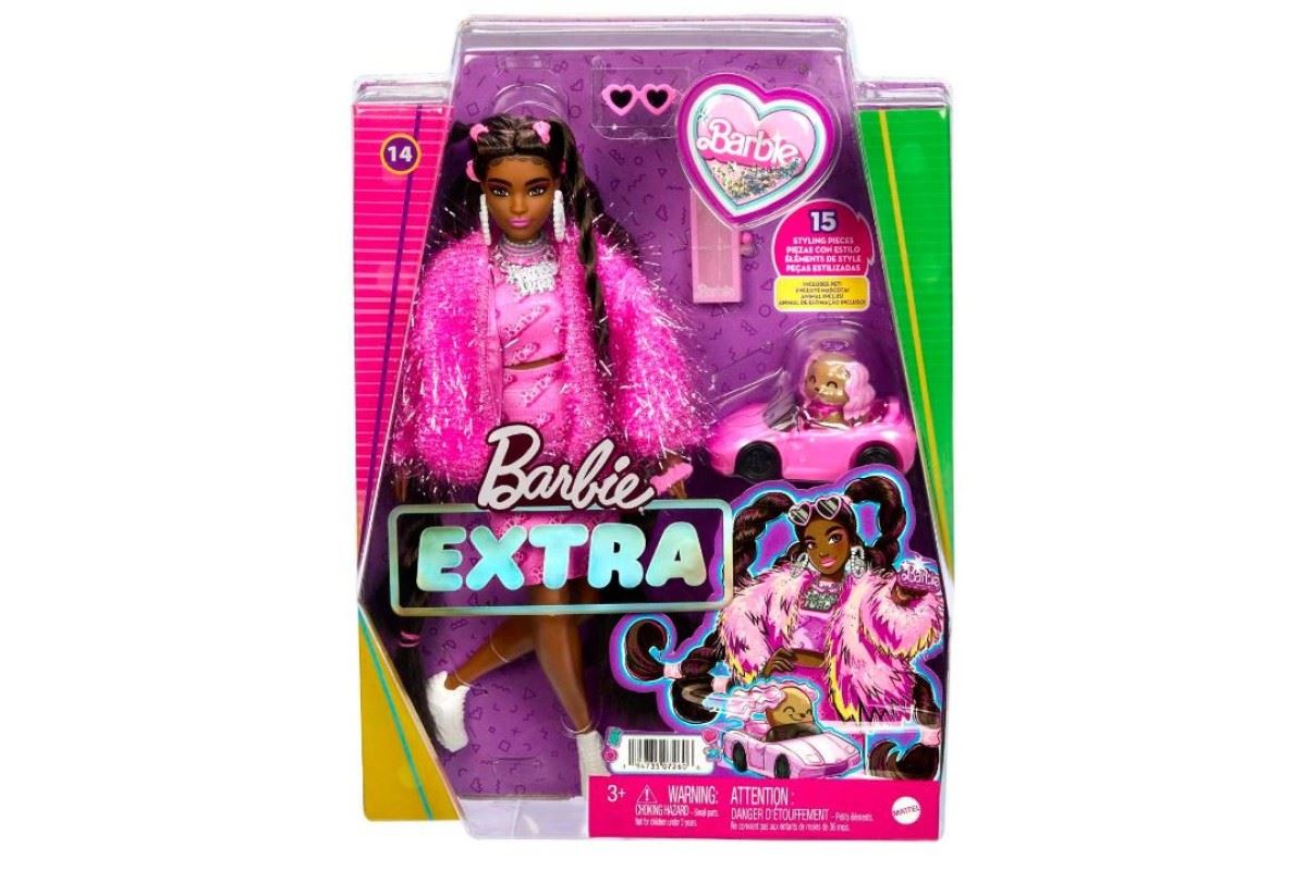 Barbie Extra Doll #14 Pink Outfit Sparkly Jacket and Pet Puppy Doll HHN06 Mattel
