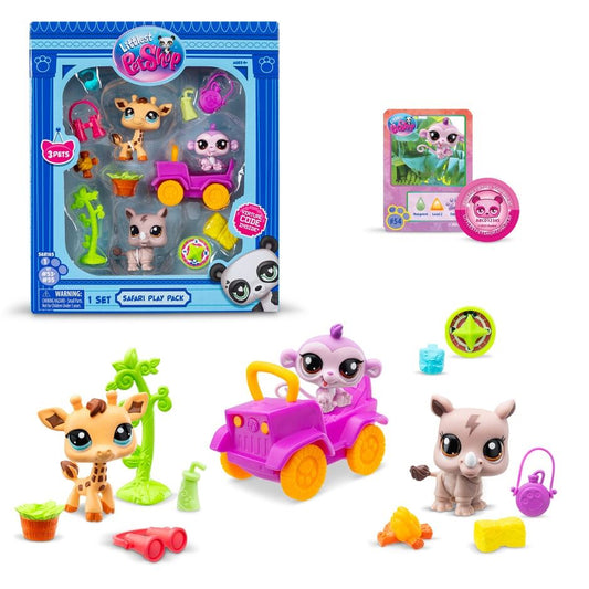 Safari Play Pack 00524 Littlest Pet Shop Set with 3 Animals & Safari Accessories | Collectible LPS Figures