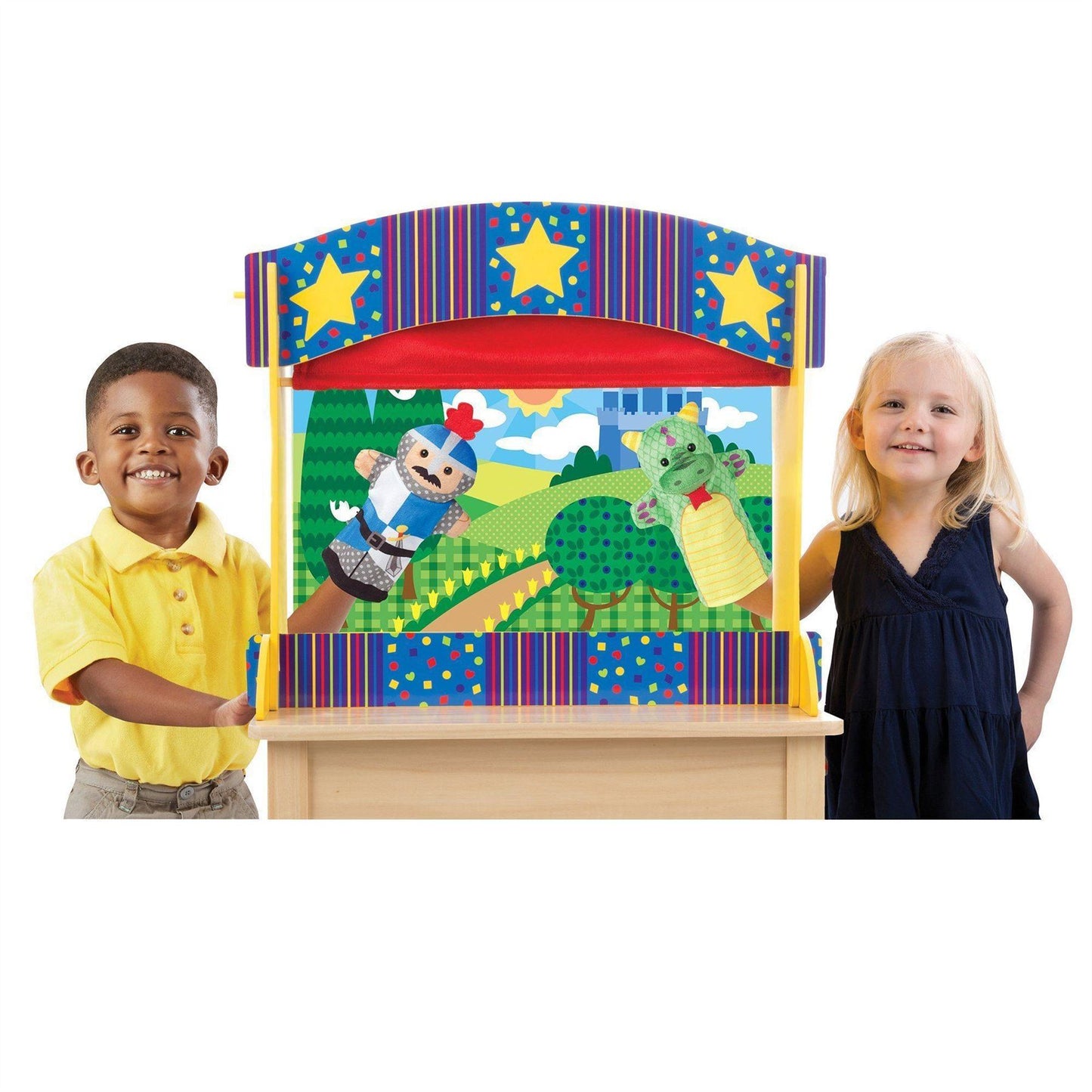 Tabletop Puppet Theater 12536 – Melissa & Doug Wooden Pretend Play Puppet Stage with Chalkboard & Curtains